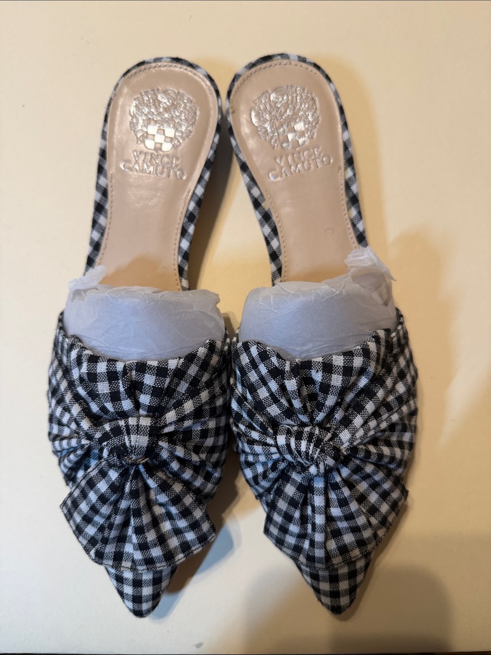 Vince Camuto Black & White Gingham Knot-Front Pointed Toe Slide